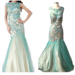 FORMAL GOWN Mermaid Embellished Aqua/Nude Tulle Skirt Ilusion Mesh Beaded Neck